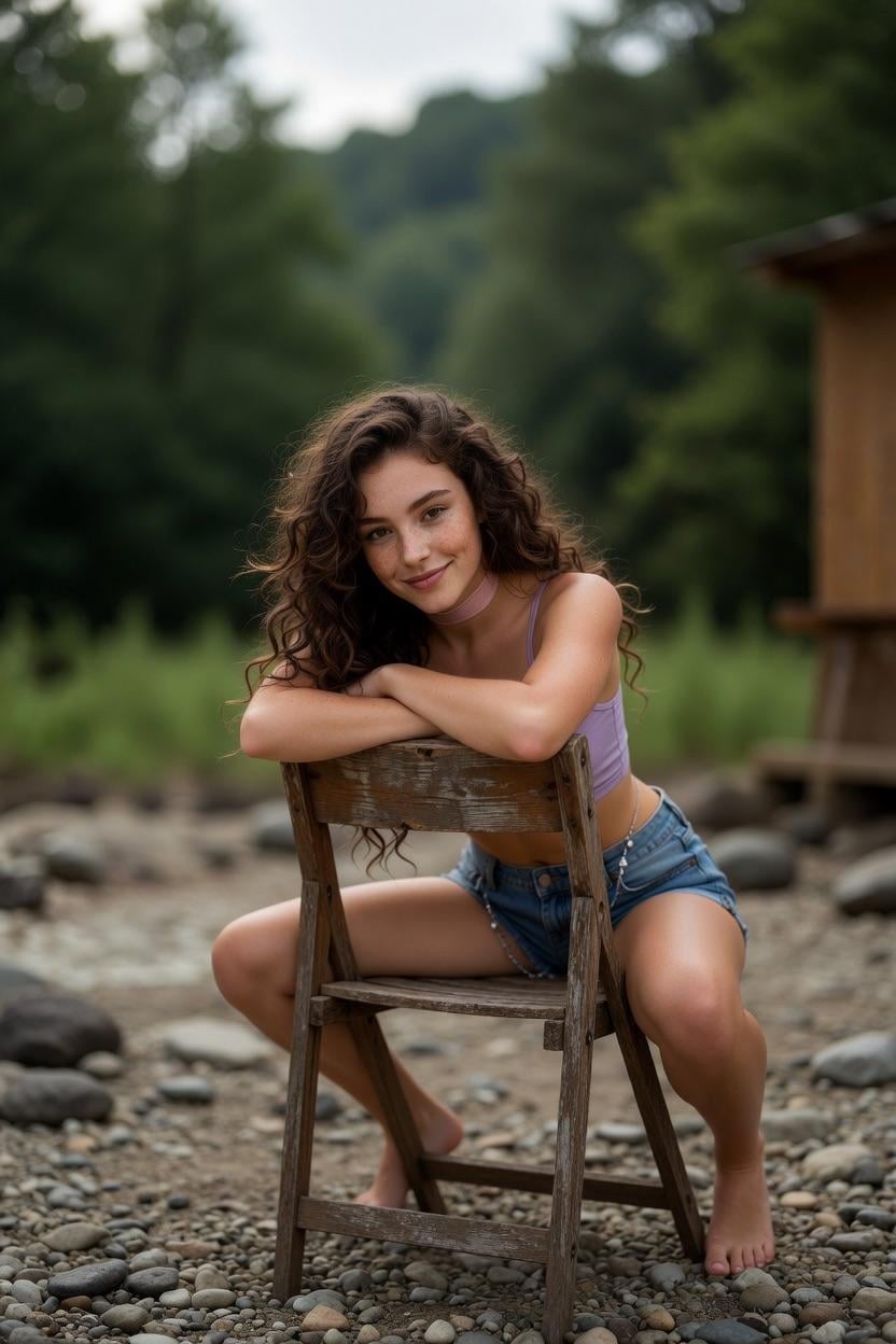 Rustic Chair Purple Crop Top Denim Shorts Waist Up
