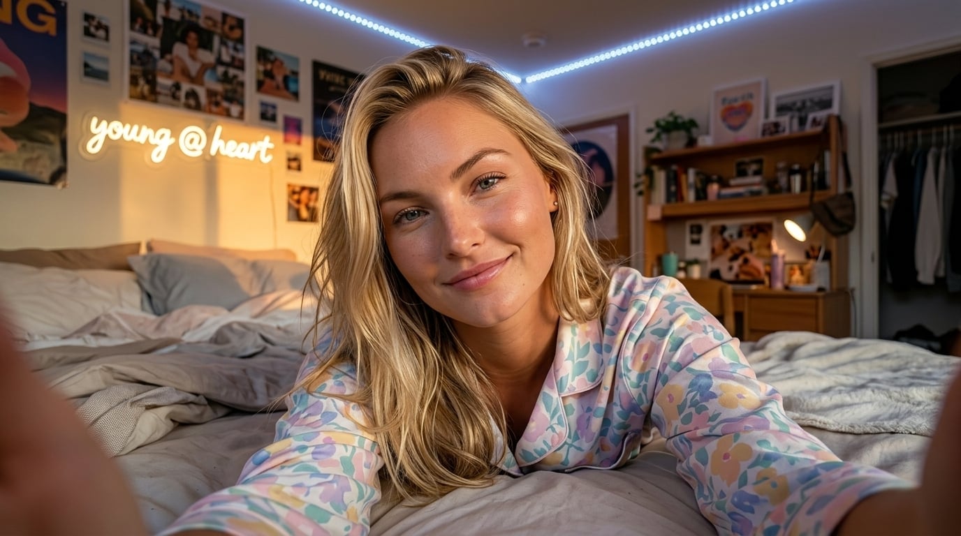 A warm, golden hour selfie of a woman in pastel pajamas, lying on an unmade bed, with a cozy college dorm atmosphere.