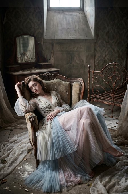 Sheer Gown Derelict Room Armchair Pose