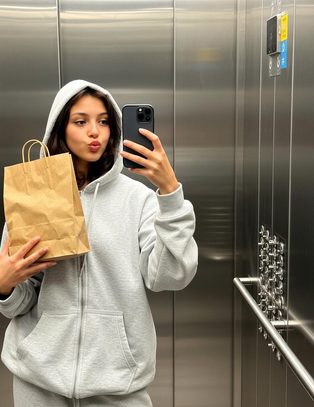 Elevator Selfie Grey Hoodie Barefoot reference photo