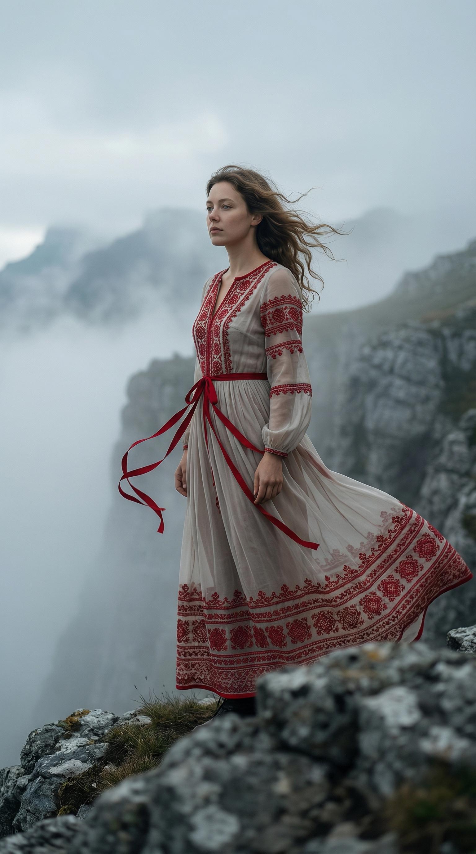 Folk Dress Cliff Edge Wind Fluttering Train