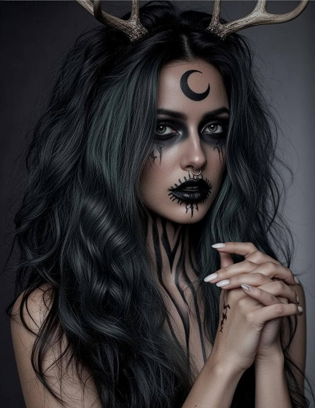Halloween Makeup Young Dark Wavy Hair Pale reference photo