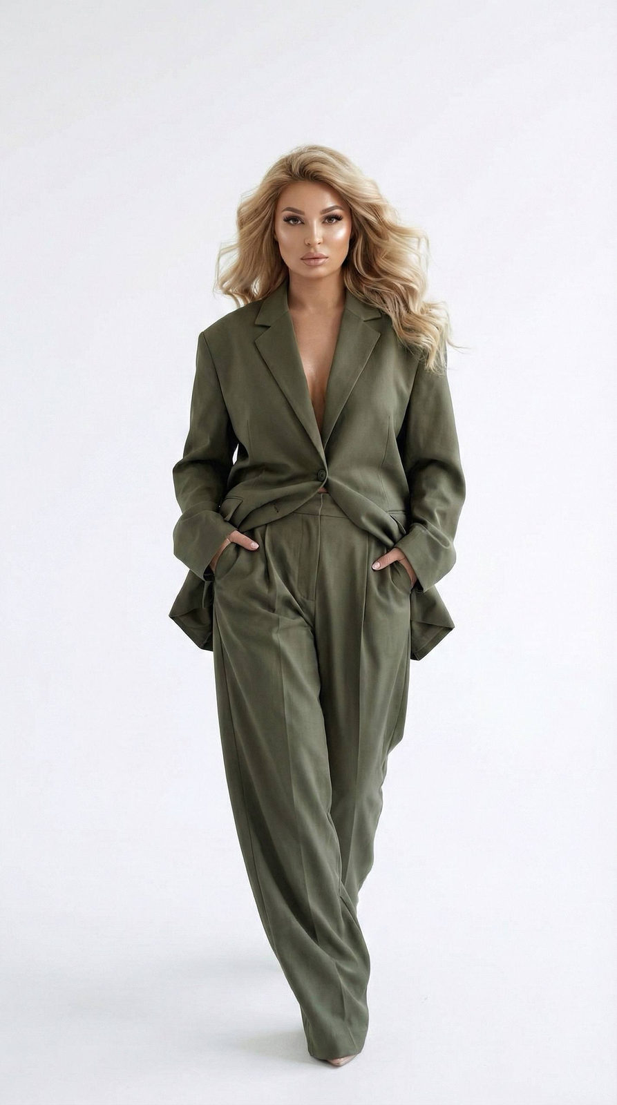 Olive Silk Suit Studio Walk