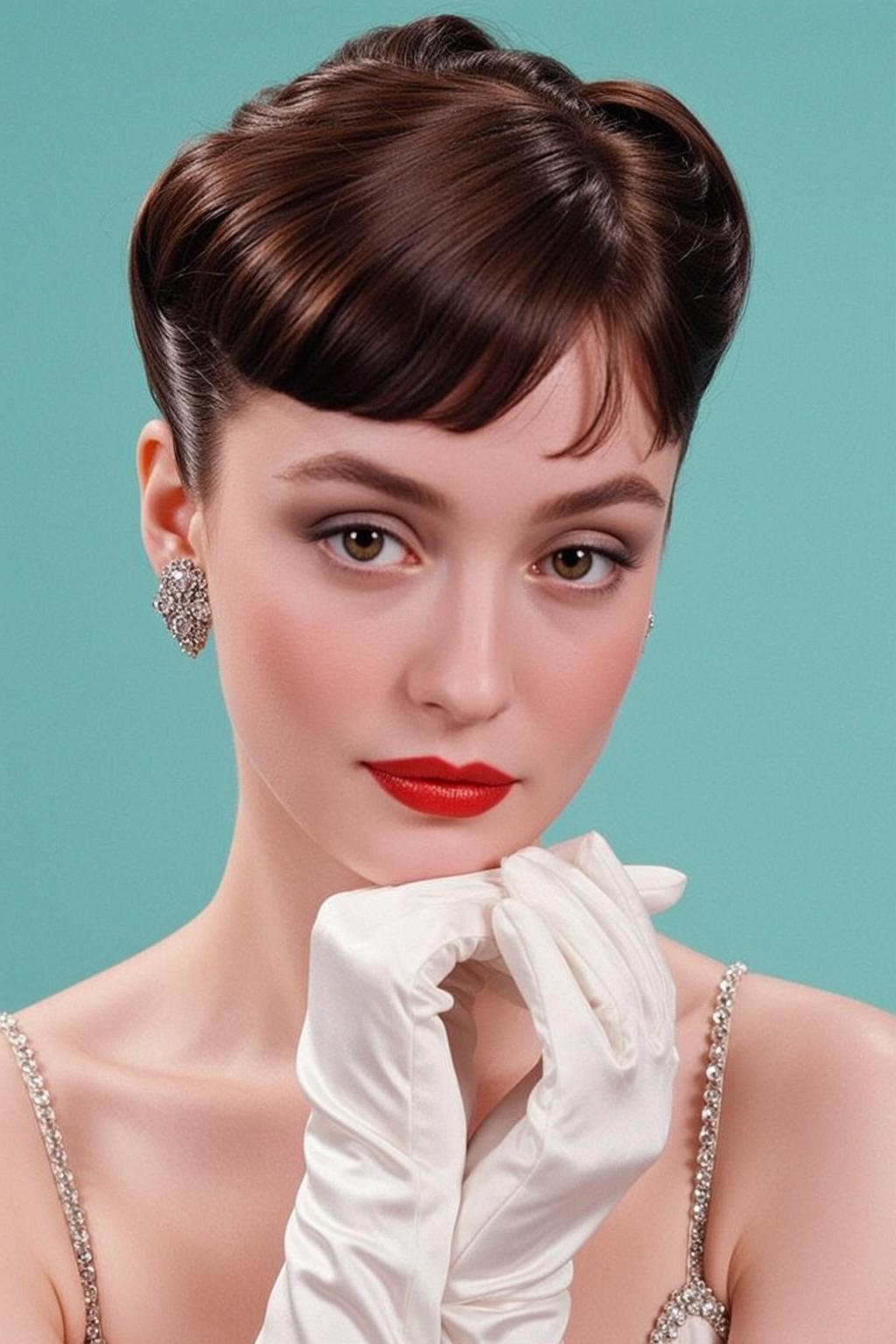 Elegant Studio Portrait White Satin Dress Diamond Earrings reference photo