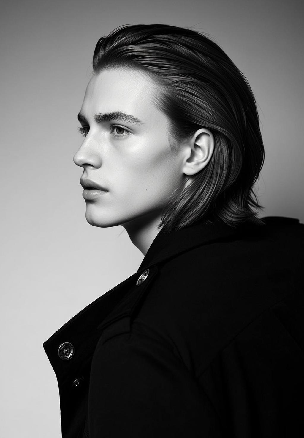 Photorealistic Black And White Medium Shot Portrait Young Man With reference photo
