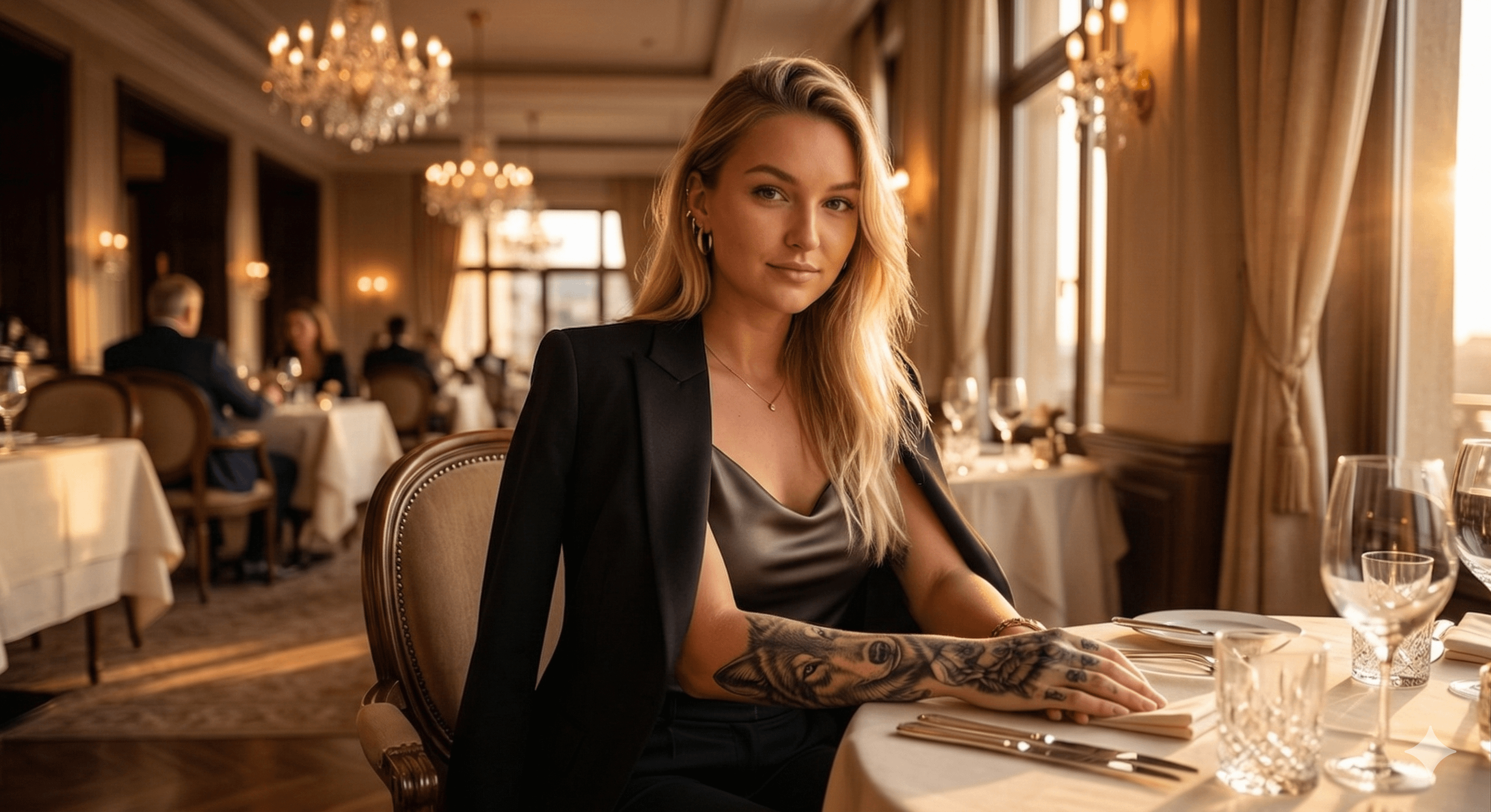 A woman in a sleek black blazer, silk top, and fitted trousers sitting at a lavish fine dining table, showcasing an elegant dining outfit.