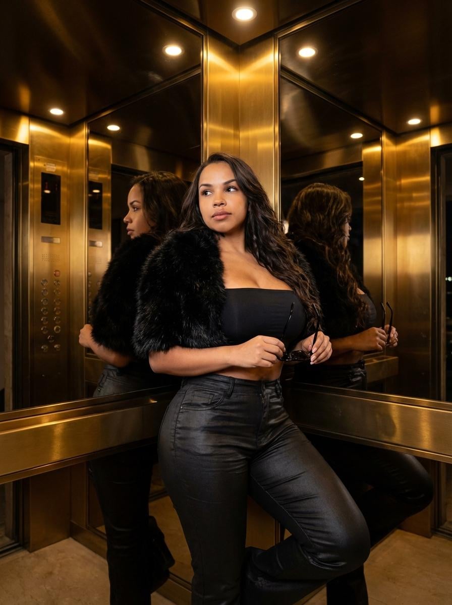 Luxury Elevator Gold Mirrored Portrait Black Outfit