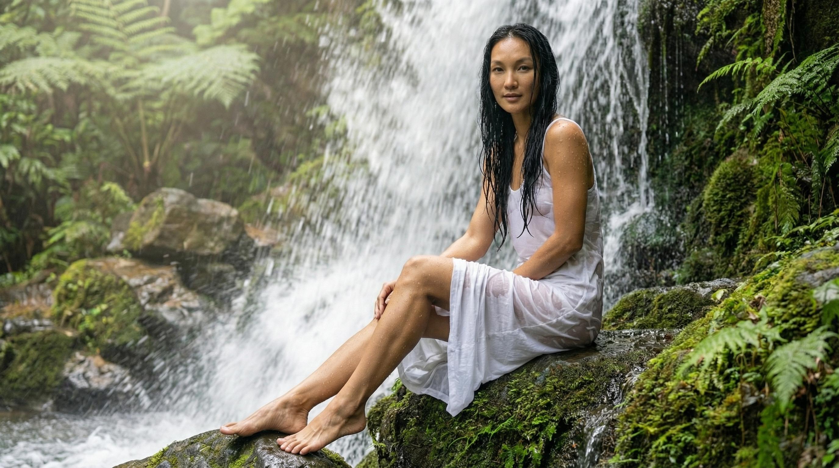 A woman in a white wet tank dress sitting on a moss-covered rock beside a cascading waterfall, with soft light illuminating her.