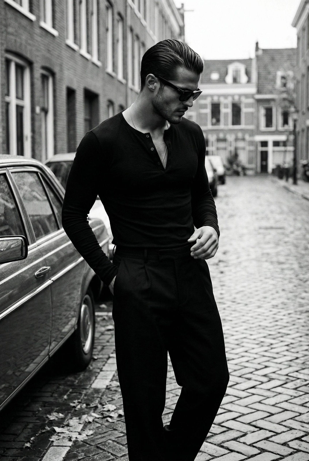 City Street Parked Car Black White Fashion