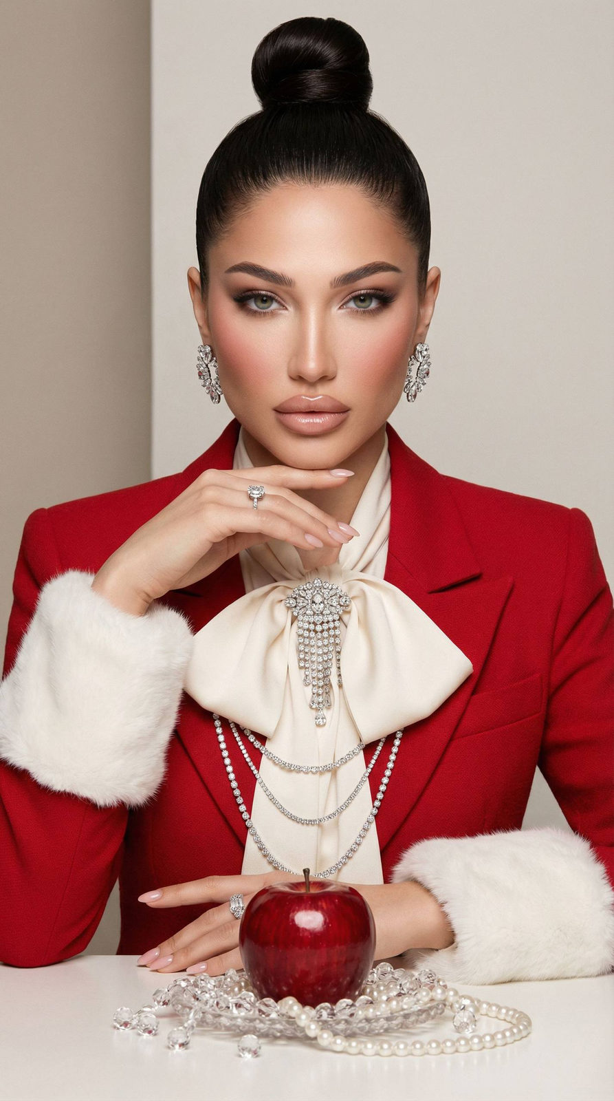 A woman in a structured red tailored jacket poses confidently at a table, showcasing a glossy red apple centerpiece and elegant jewelry.