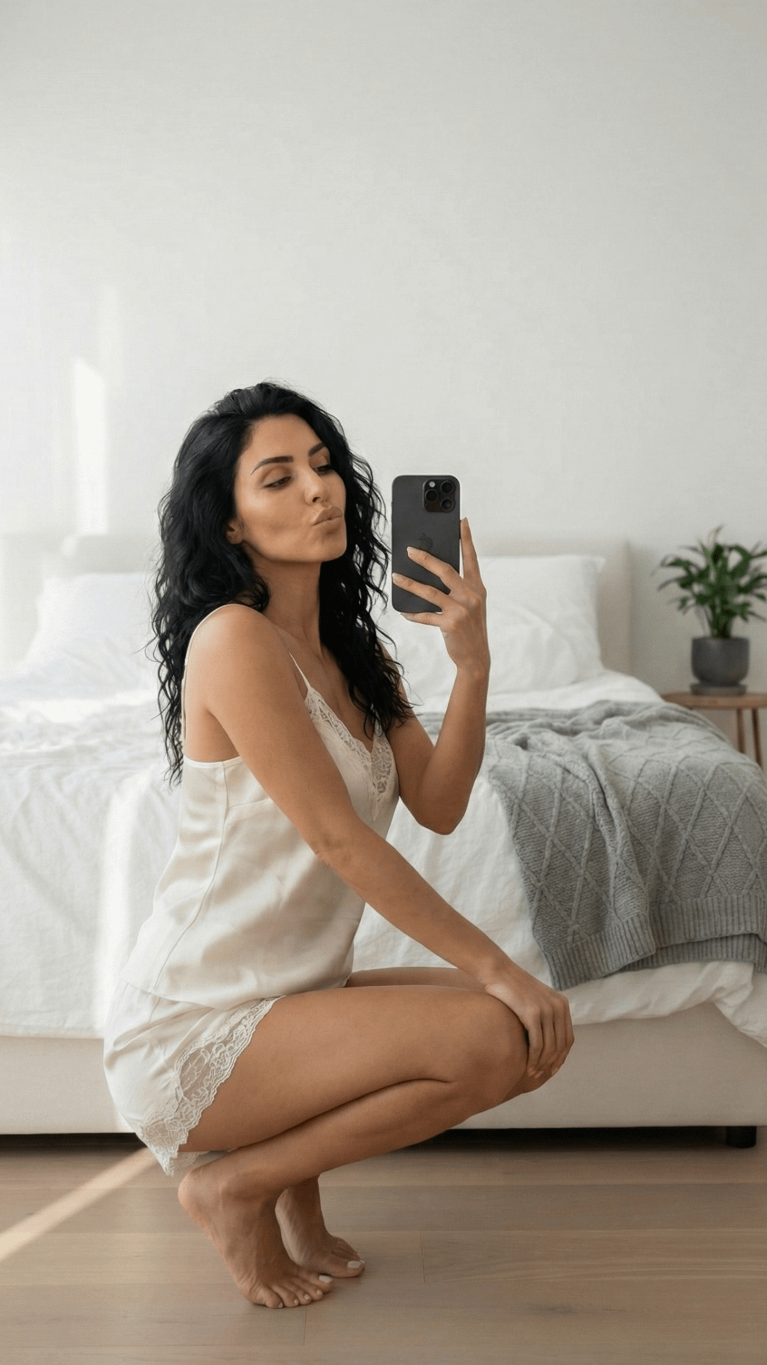 Cream Satin Slip Dress Selfie Barefoot On Wooden Floor reference photo