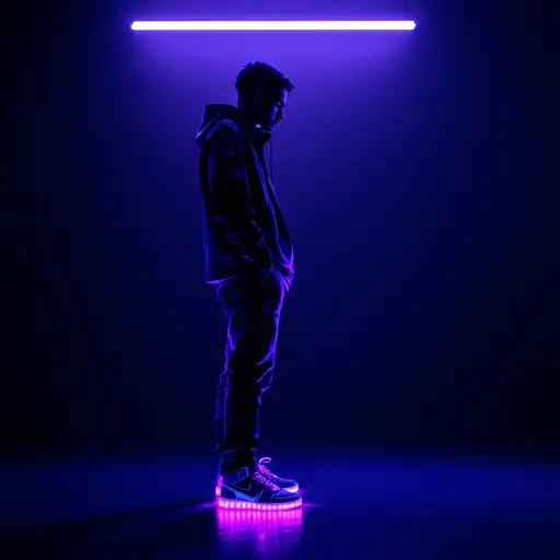 A professional man model in streetwear, side profile illuminated by dramatic deep purple lighting.