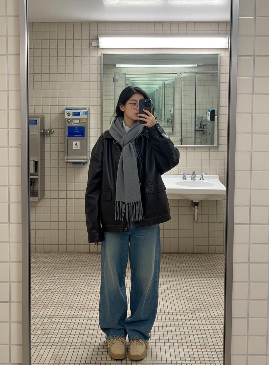 Leather Jacket Restroom Mirror Selfie reference photo