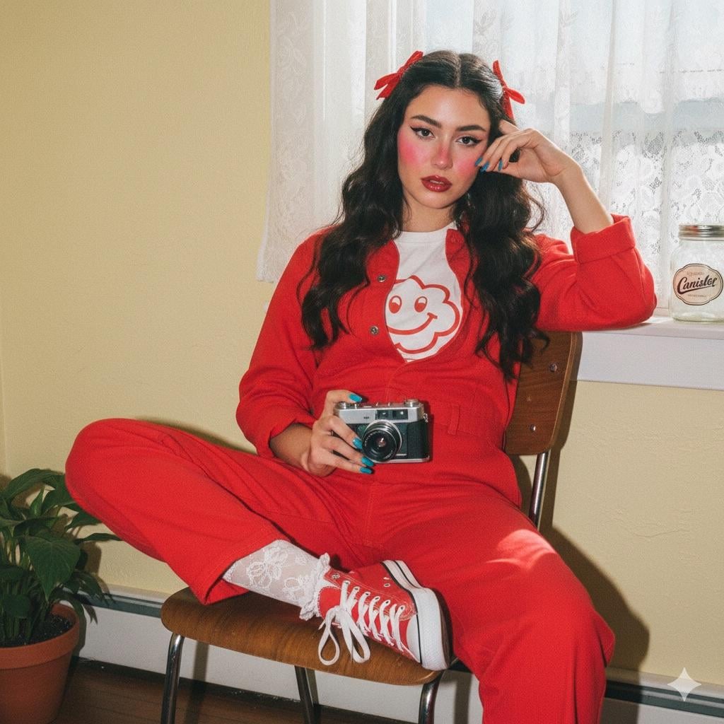 Retro Woman Red Jumpsuit Wooden Chair