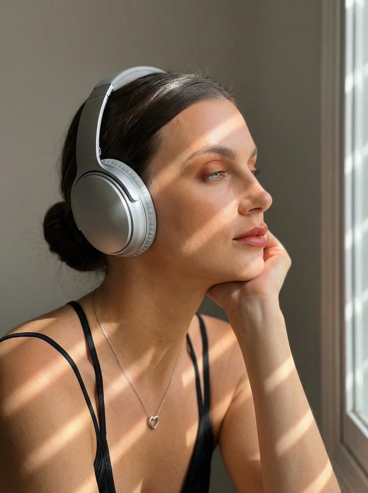 Woman Profile Window Light Stripes Photorealistic