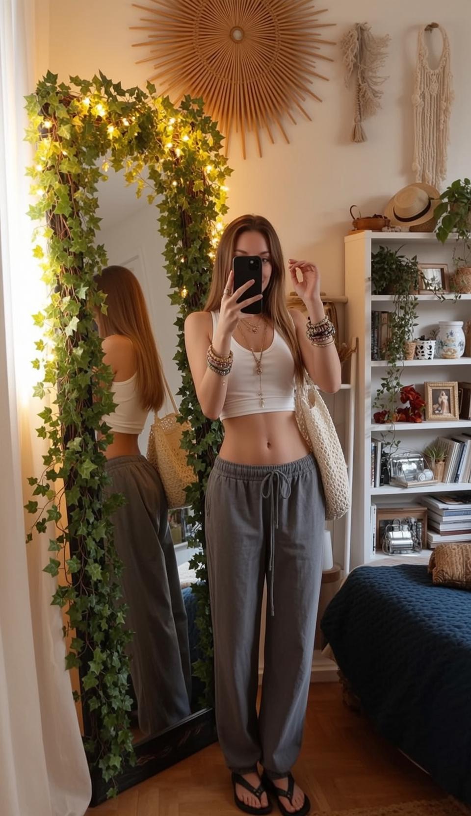 Cozy Bedroom Selfie Blonde Woman White Crop Top Straw Bag reference photo