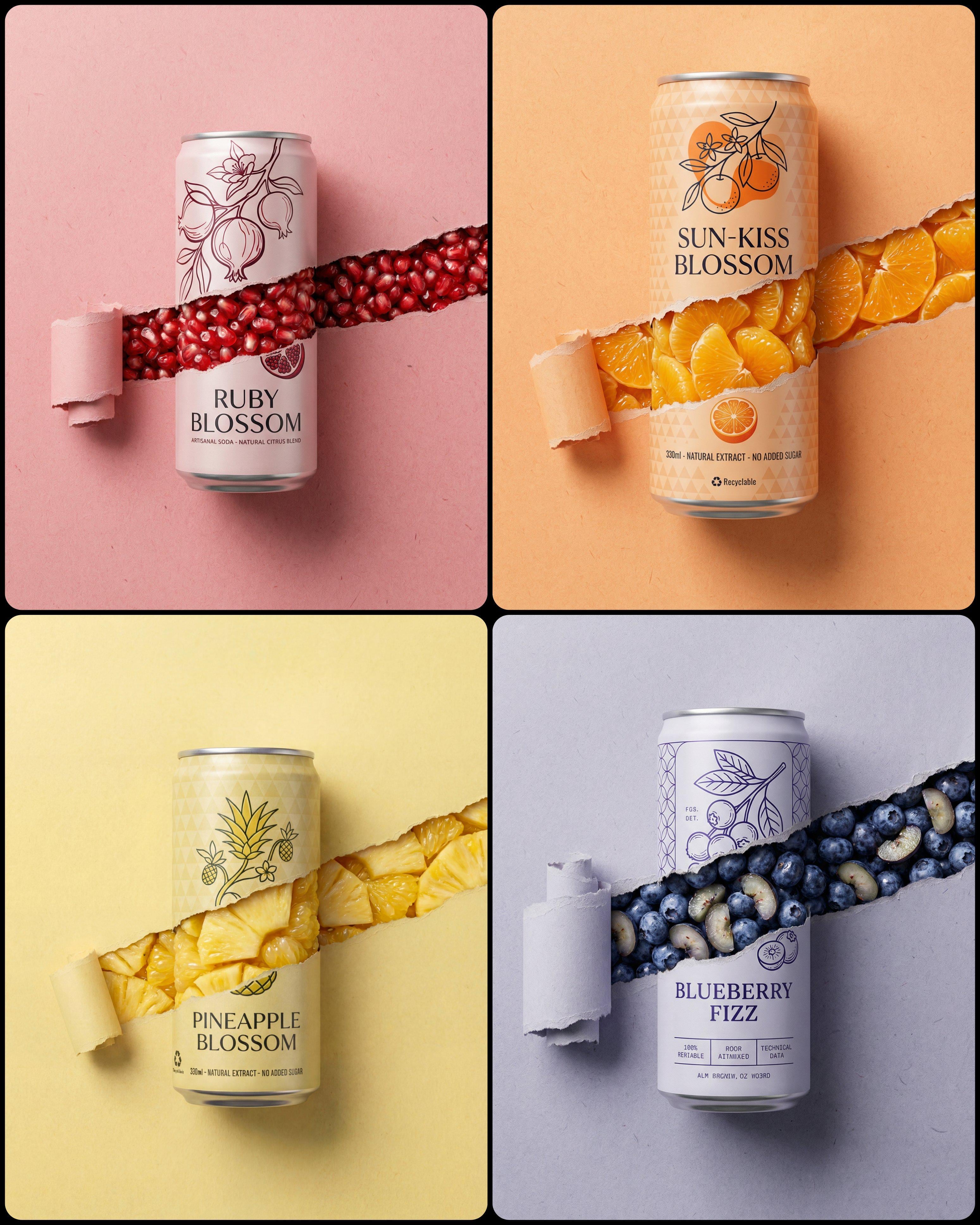 A photorealistic soda can set against a textured paper background with a tear revealing vibrant fruit inside.