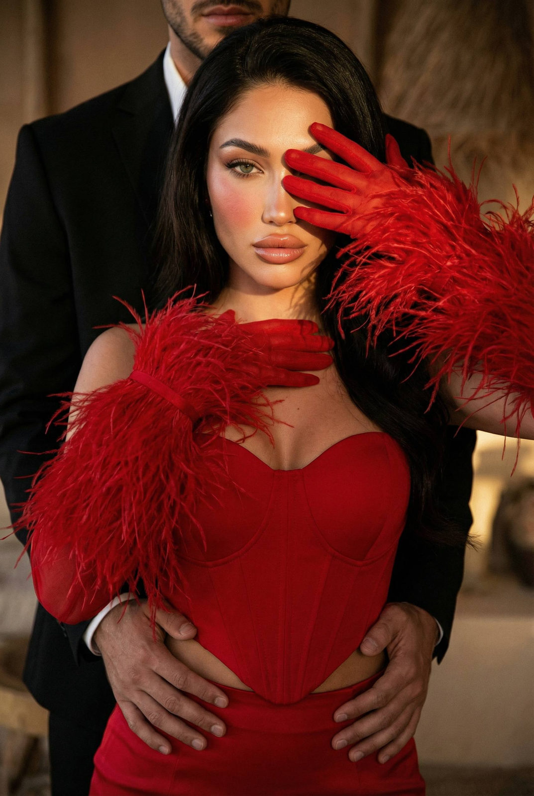 Realistic Fashion Portrait Red Feather Gloves