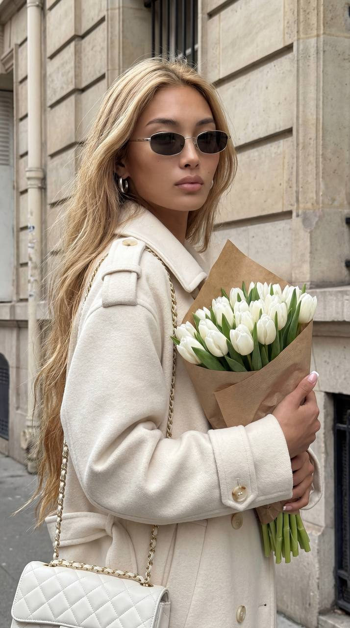 Cream Wool Coat White Tulips European Building