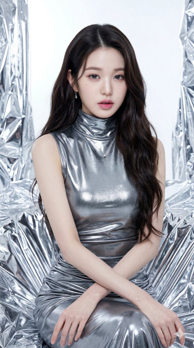 Jang Wonyoung Futuristic Silver Foil Dress Studio