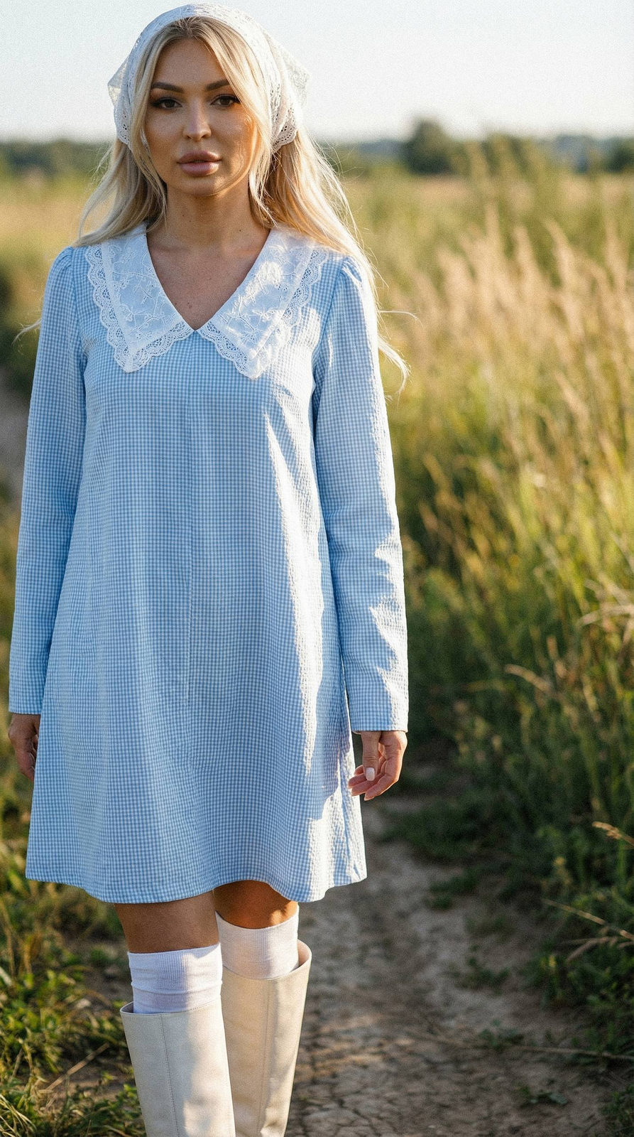 Girl Blue Checkered Dress Lace Headscarf Field Daylight