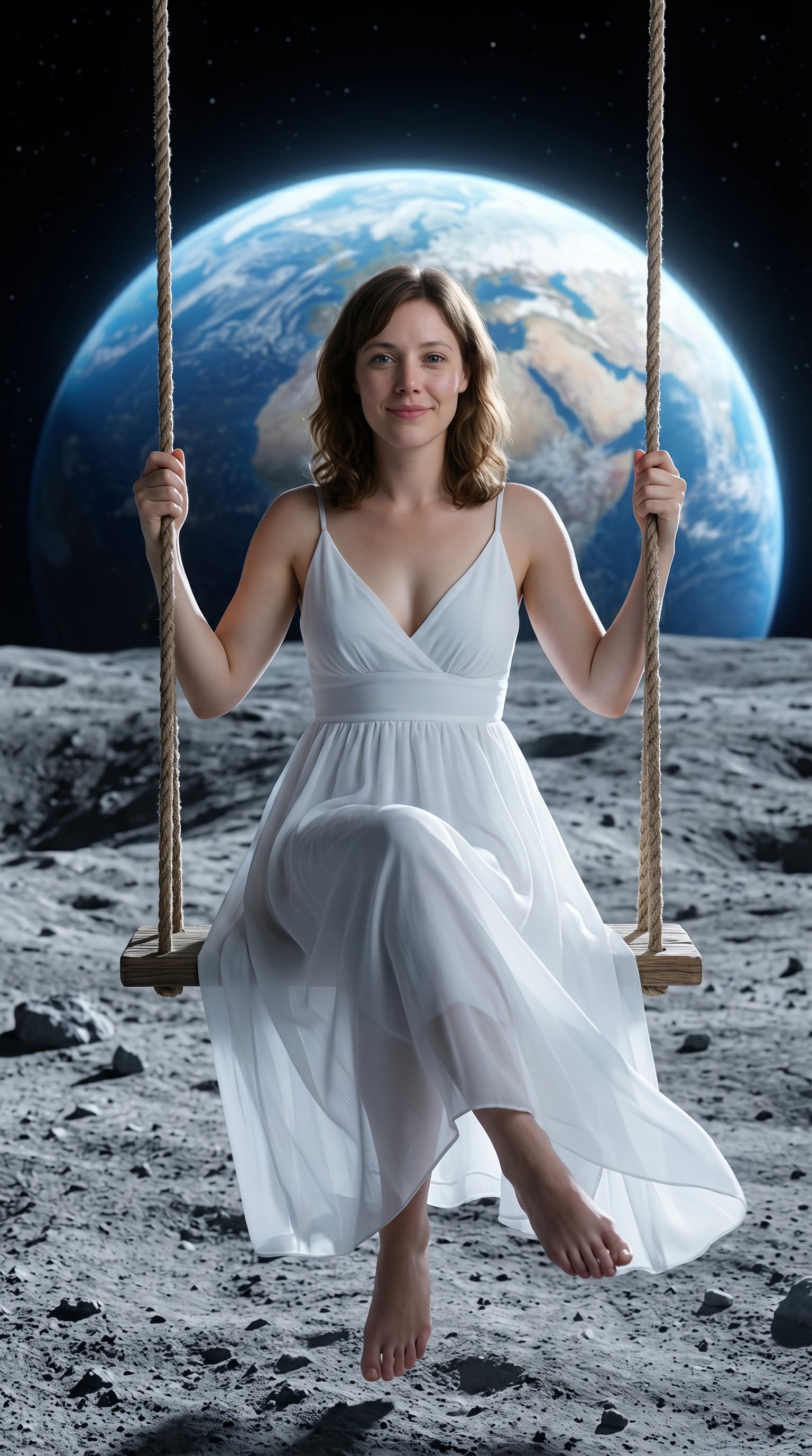 A serene woman with a calm gaze seated on a rustic rope swing in a surreal lunar landscape, wearing a flowing white dress.