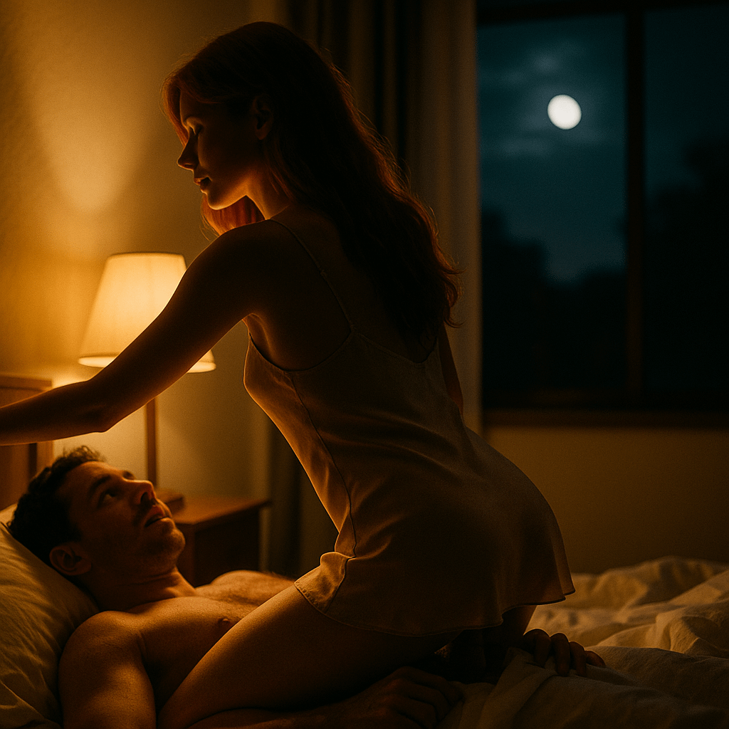 Silhouette of a couple in bed lit by moonlight, with warm artificial light enhancing the romance.