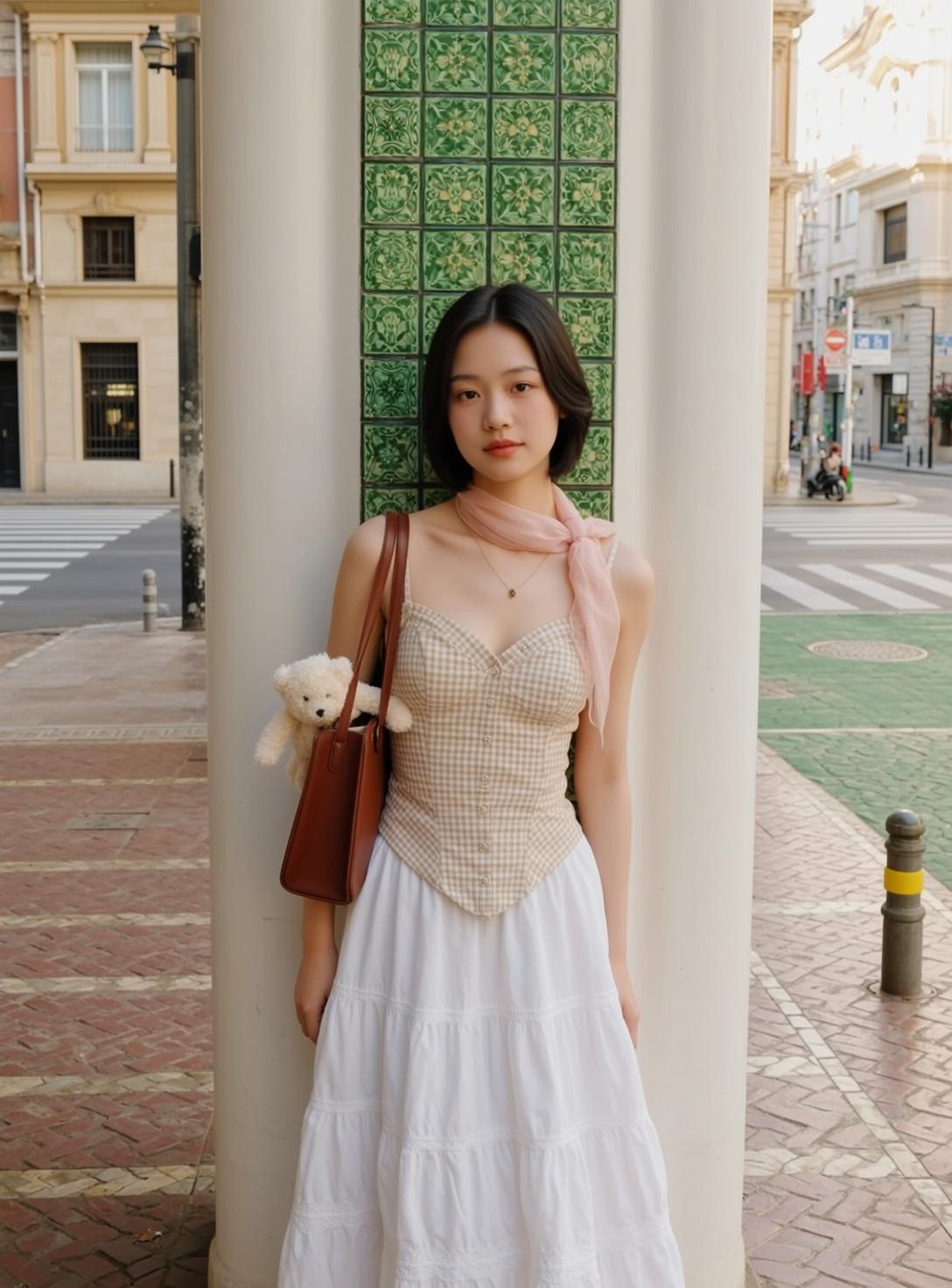Balletcore Stands Leaning Against White Column Her reference photo