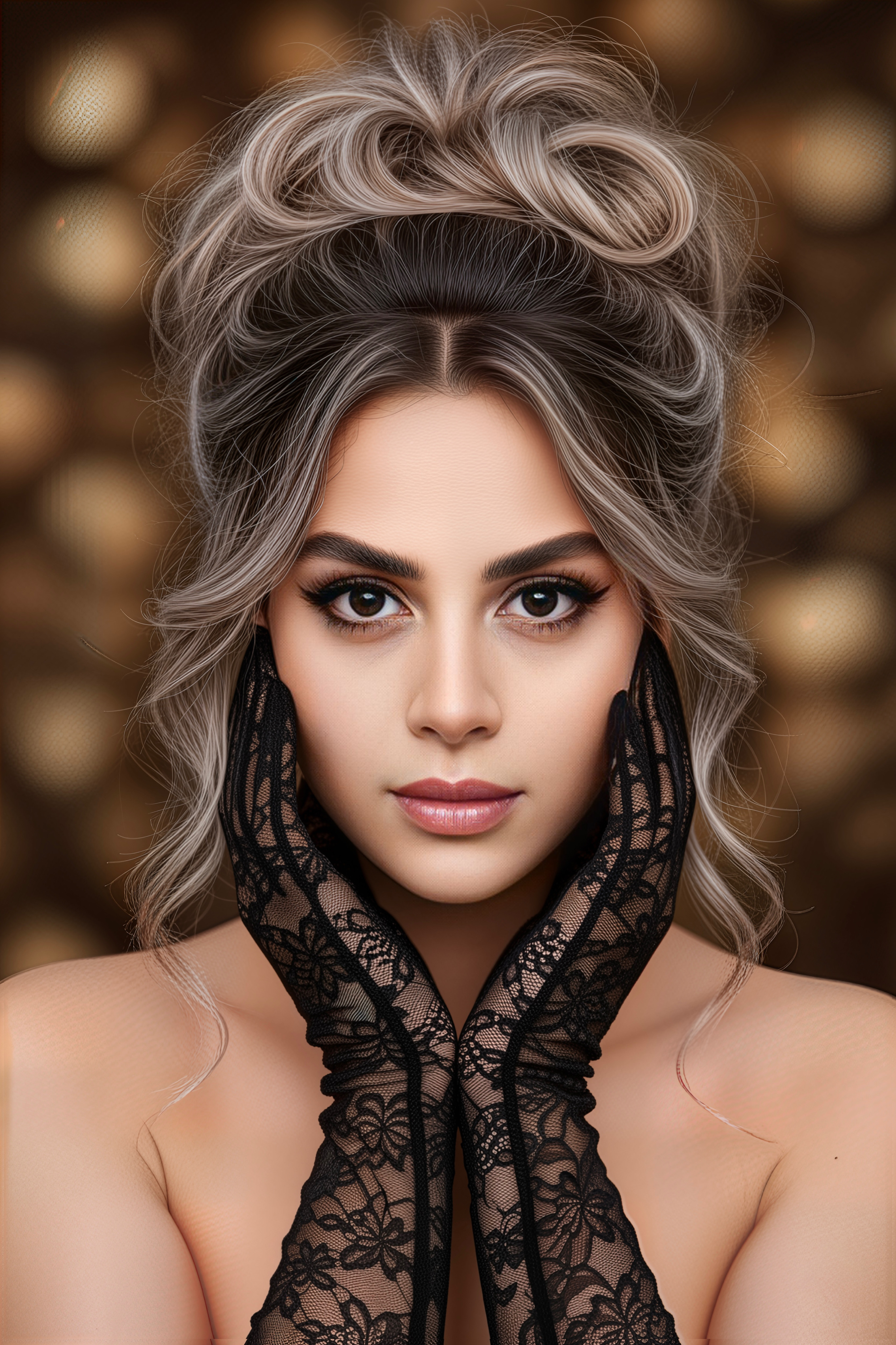 Close-up portrait of a stunning woman with captivating gaze, long black floral lace gloves, soft waves in messy updo, warm lighting