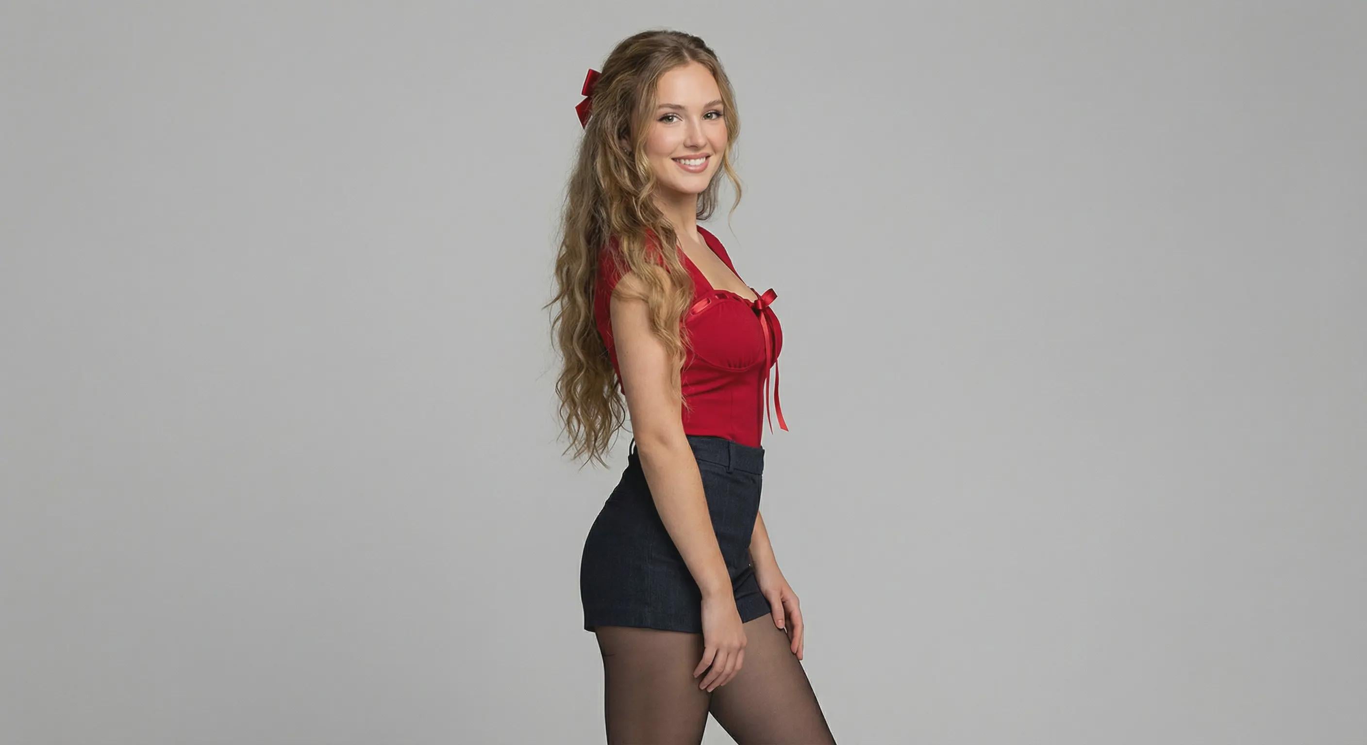 Red Sweetheart Top Denim Skirt Studio Backdrop