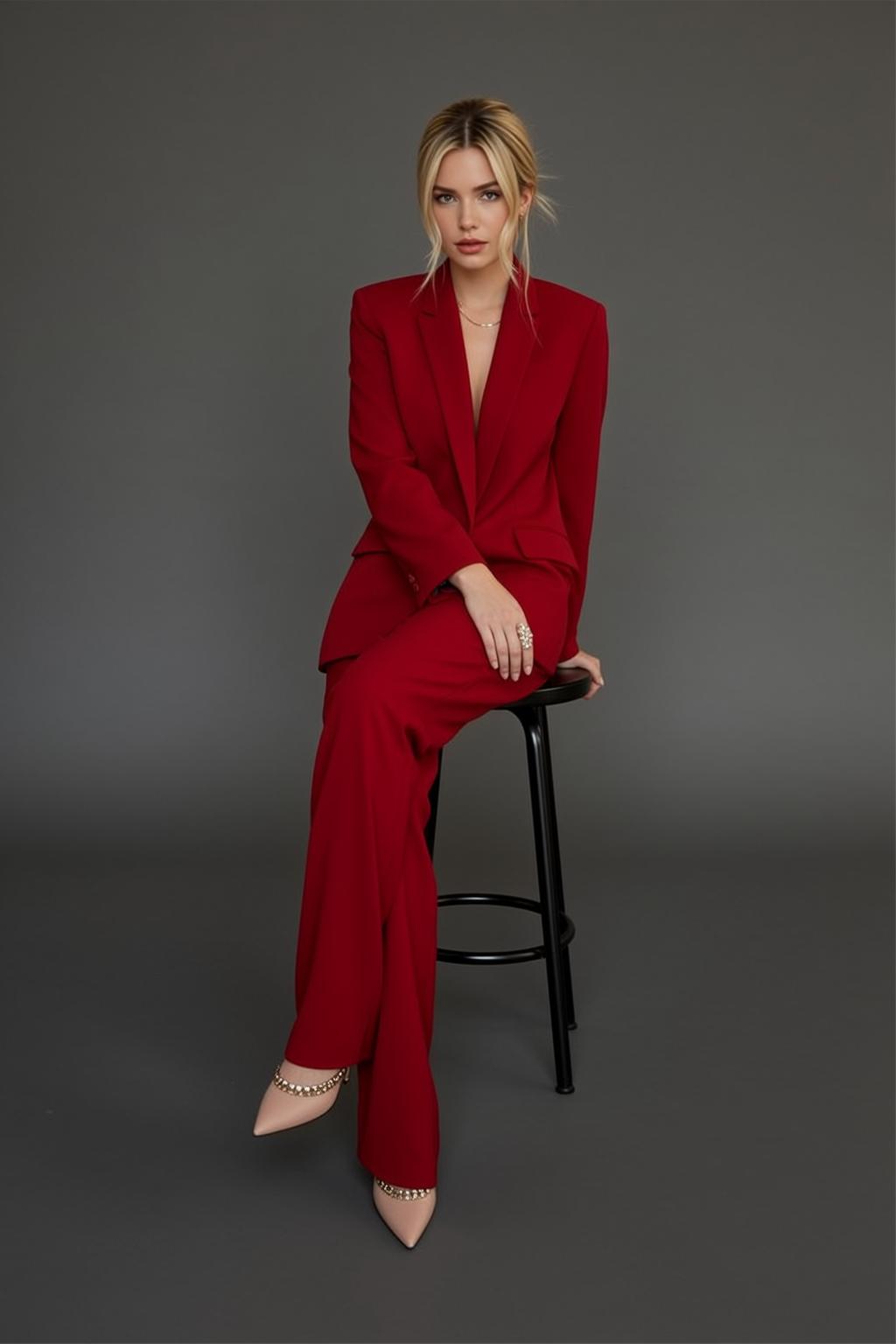 Red Suit On Studio Stool reference photo