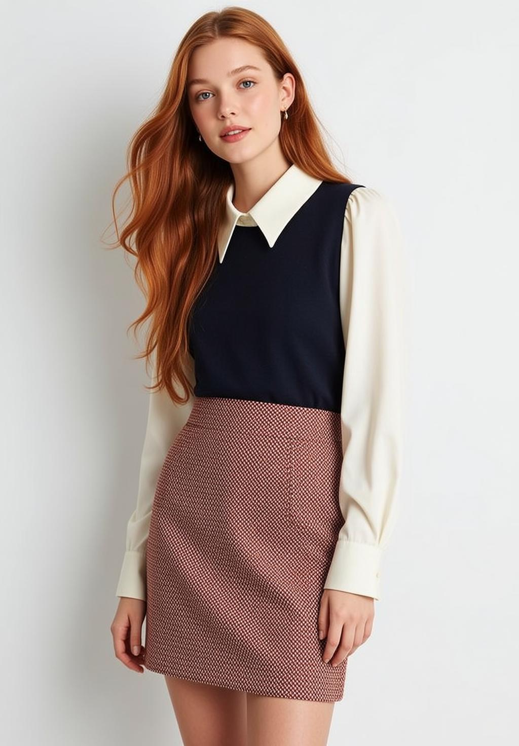 Red Hair Woman Cream Vest Mini Skirt Studio reference photo