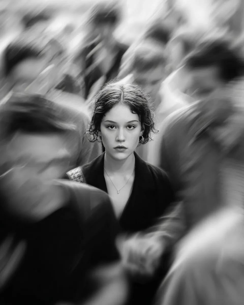 A female model standing still amidst a blurred crowd of rushing commuters in black and white, showcasing stark contrasts and calmness.
