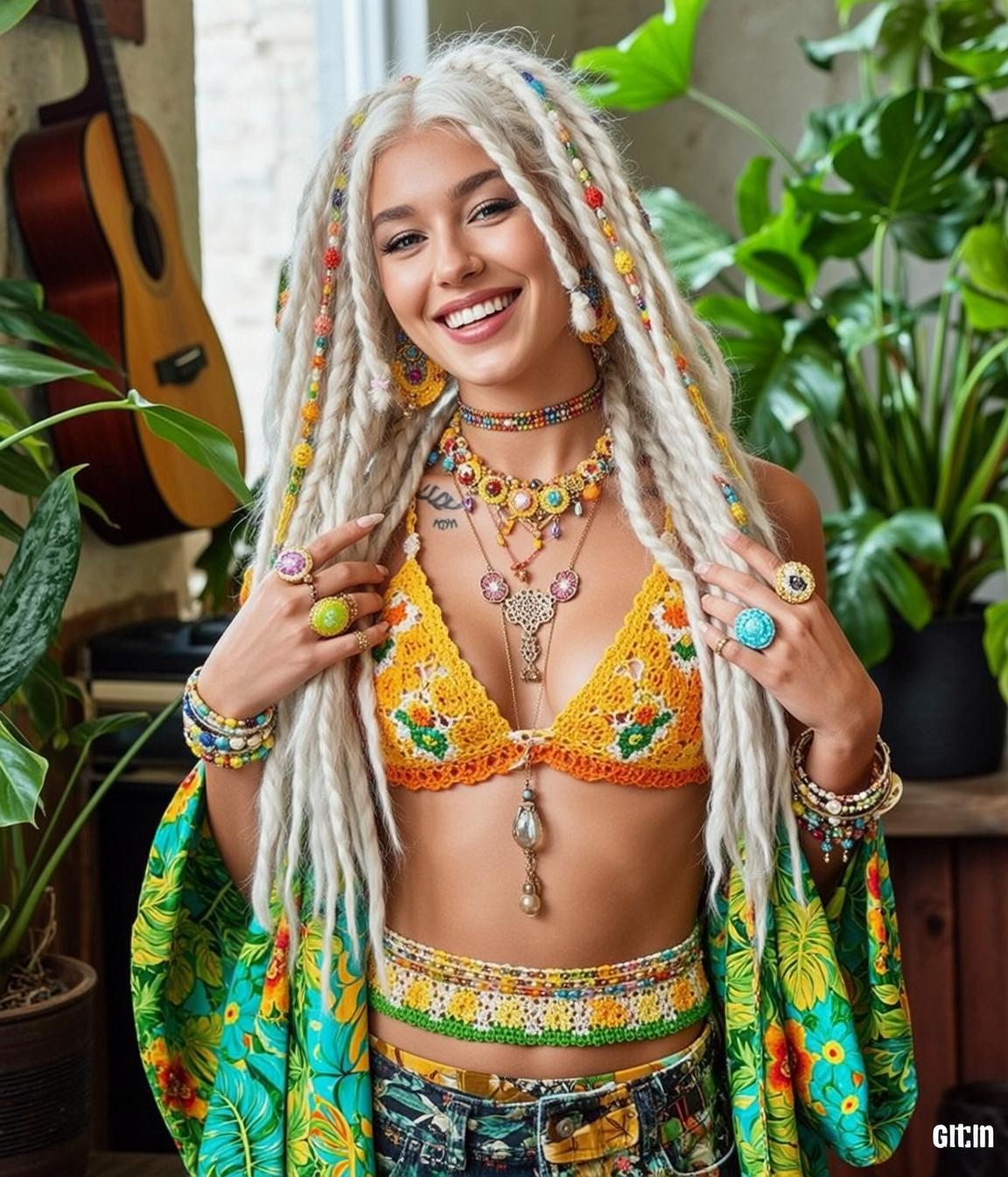 Indie Young Long White Dreadlocks Colorful Beads reference photo
