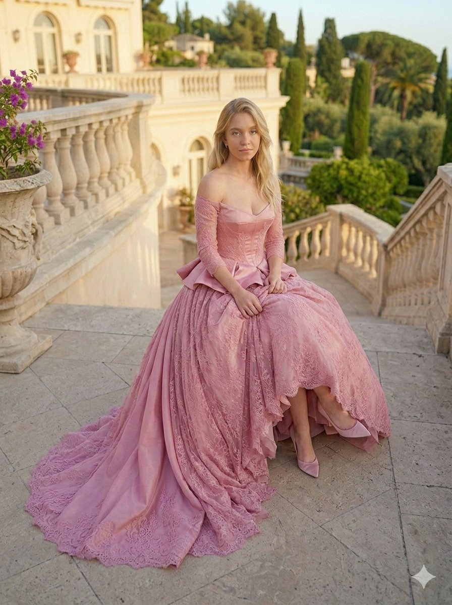 Sydney Sweeney Dusty Mauve Ball Gown On Grand Steps