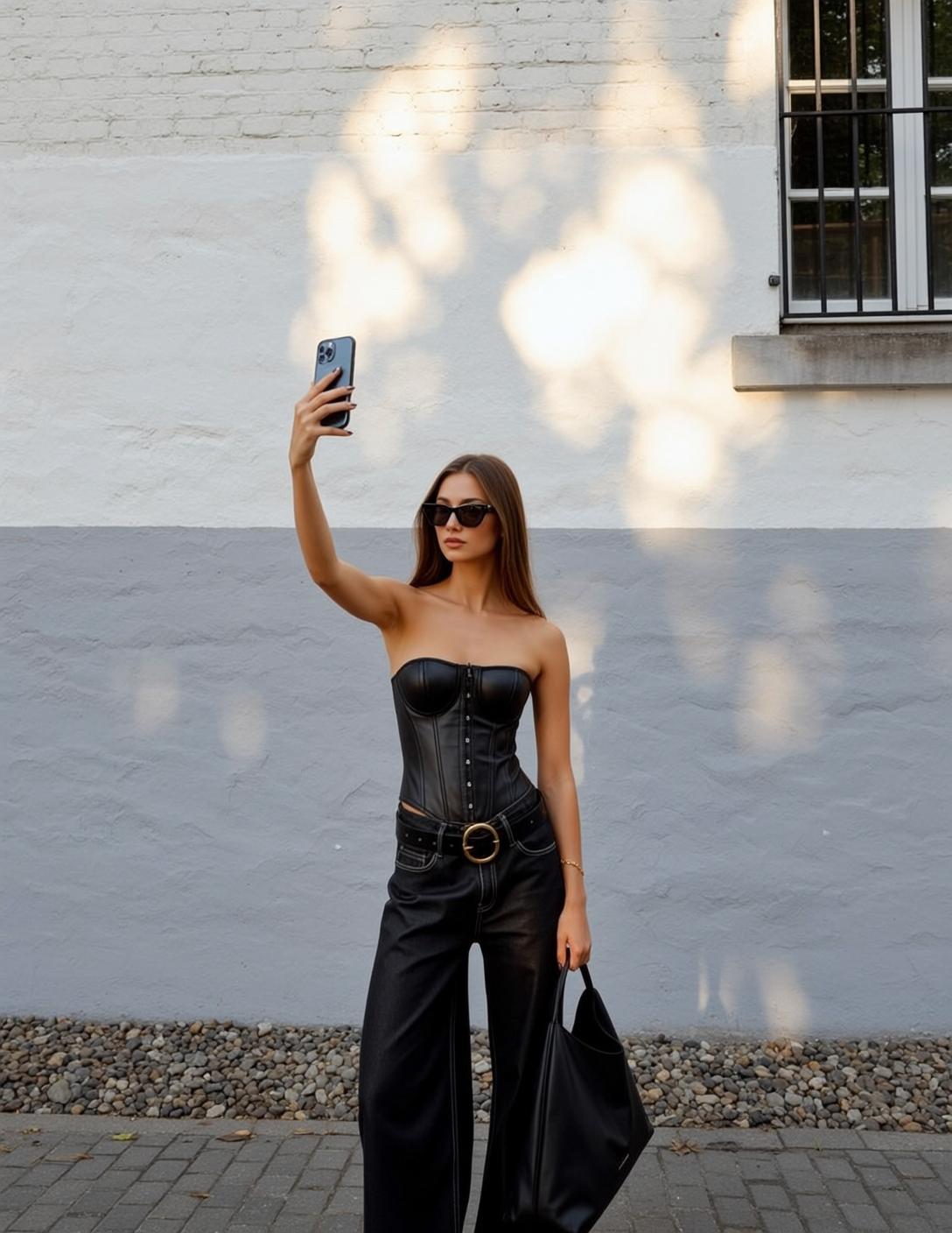 Brick Wall Selfie Black Corset Jeans reference photo