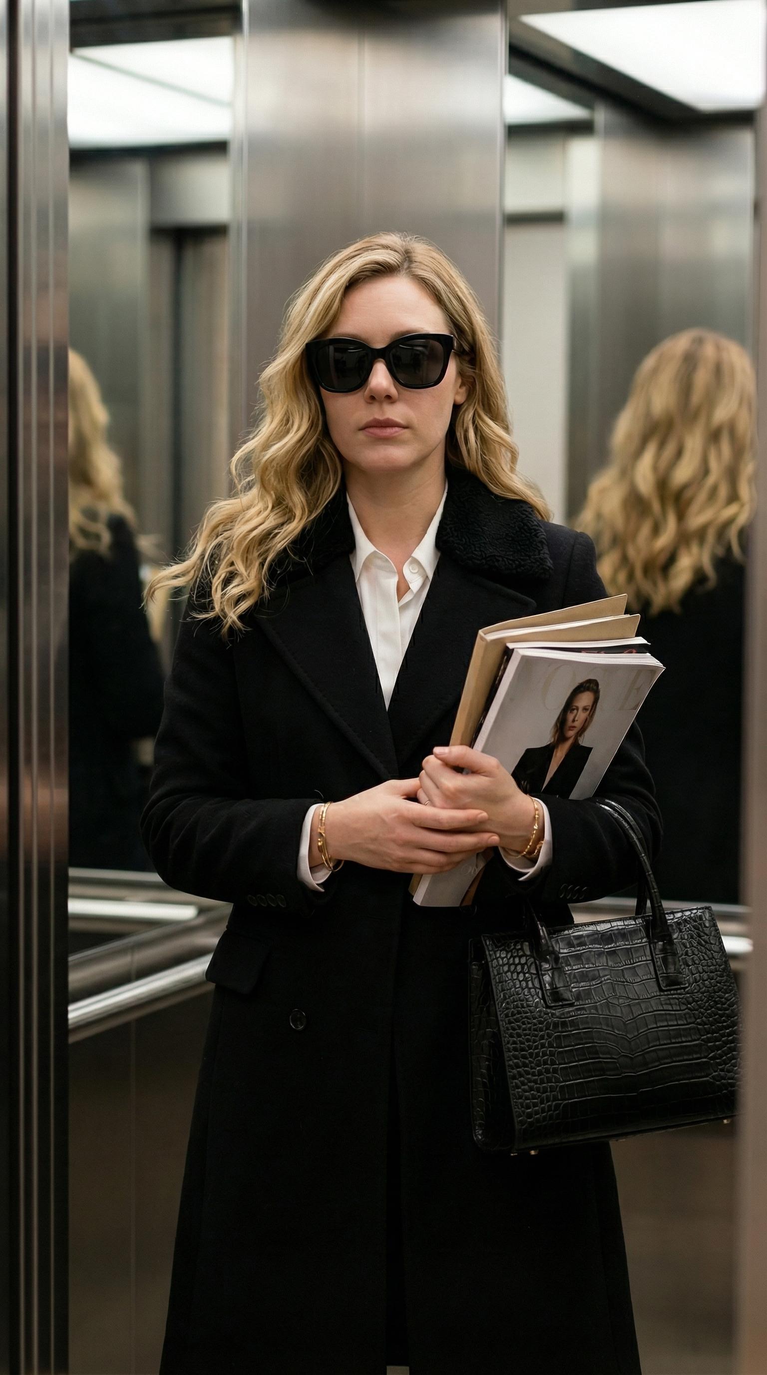 Metallic Elevator Woman Holding Magazines Black Coat