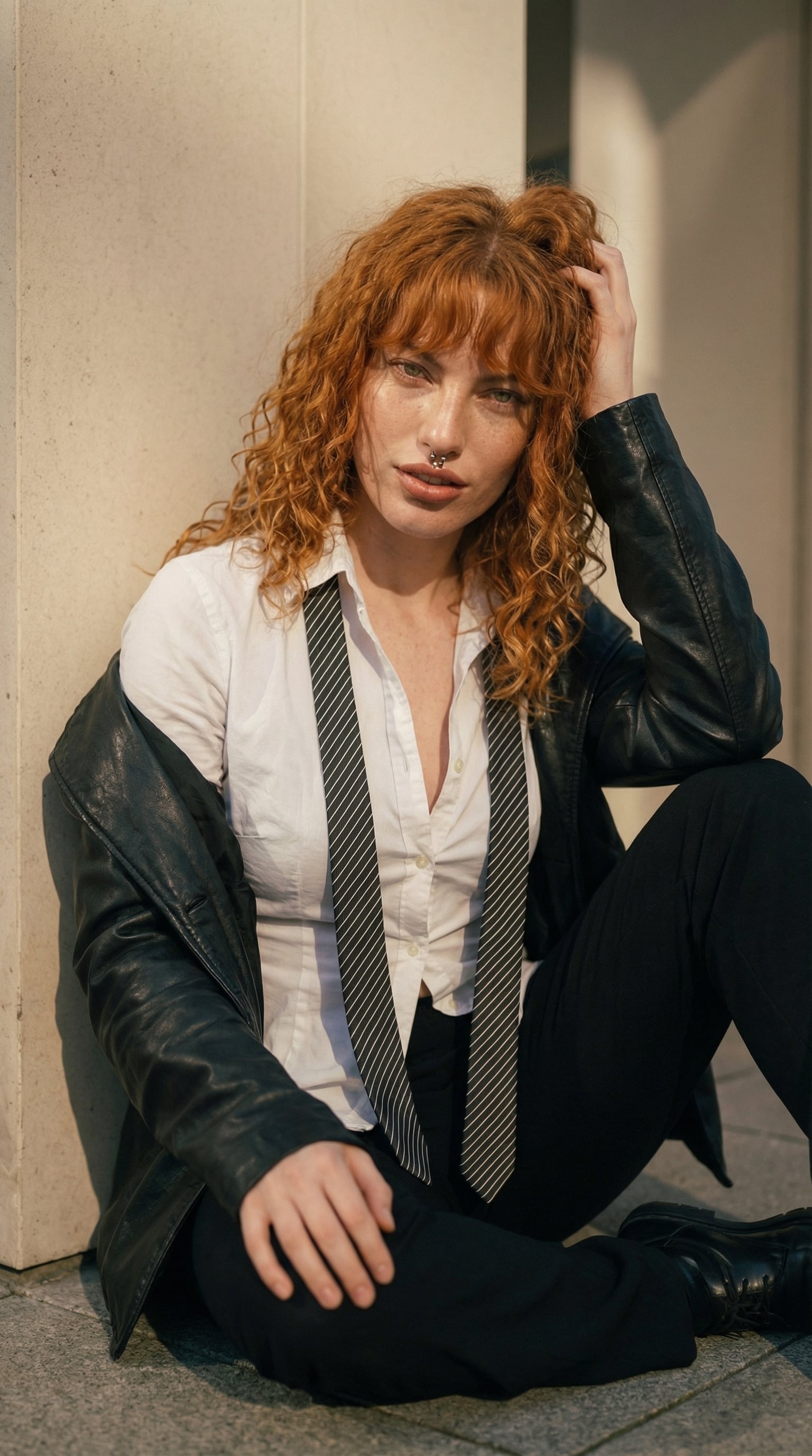 Copper Hair Leather Jacket Concrete Wall Warm Light