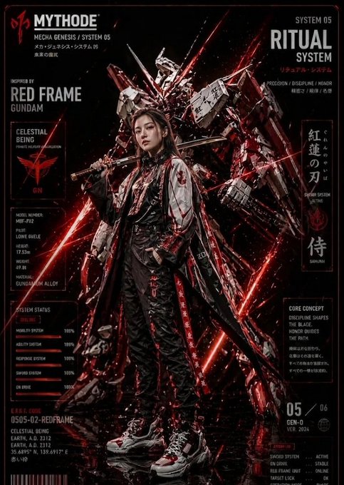 Full-body shot of a red mecha warrior with a katana, dark jumpsuit, and flowing coat in front of a glowing mecha.