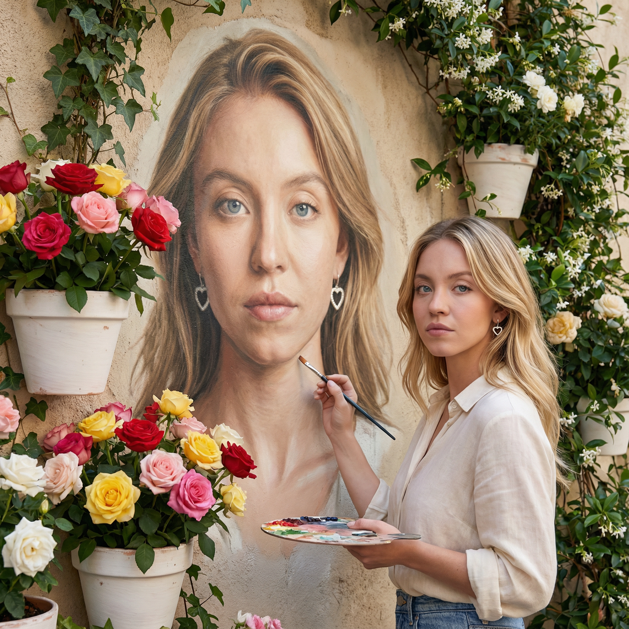 Painting Mural Ivy Roses Terracotta Pots