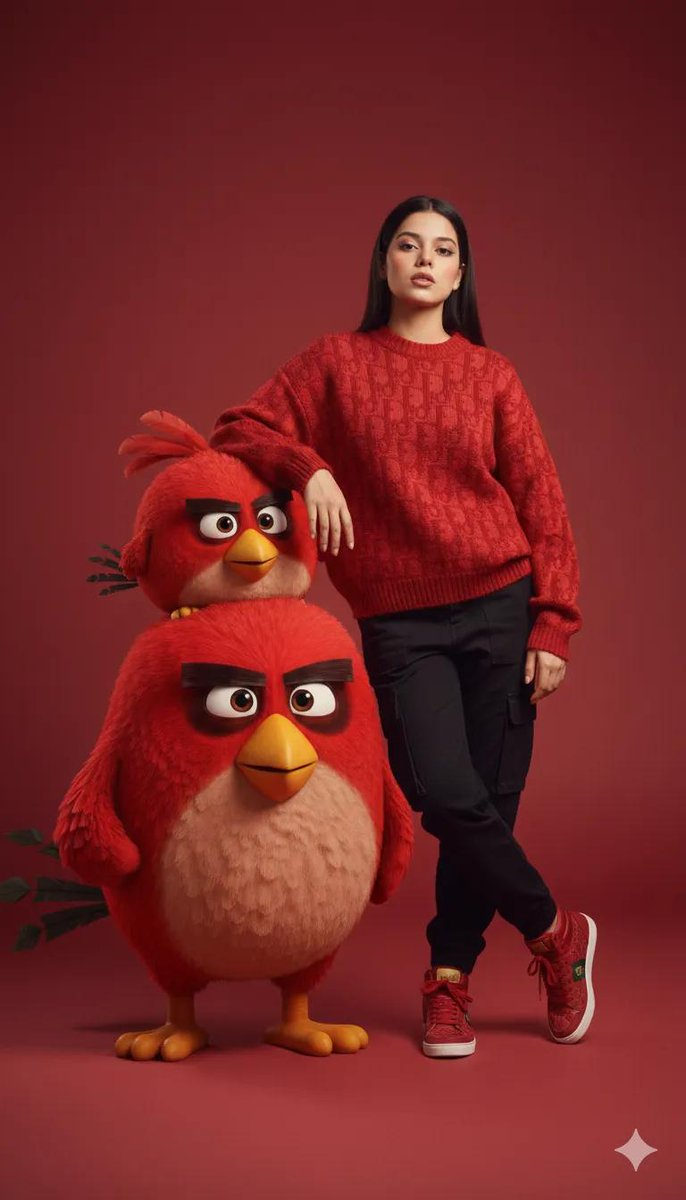 A confident young woman in a red knit sweater poses with oversized, fluffy red birds in a monochrome studio setting.