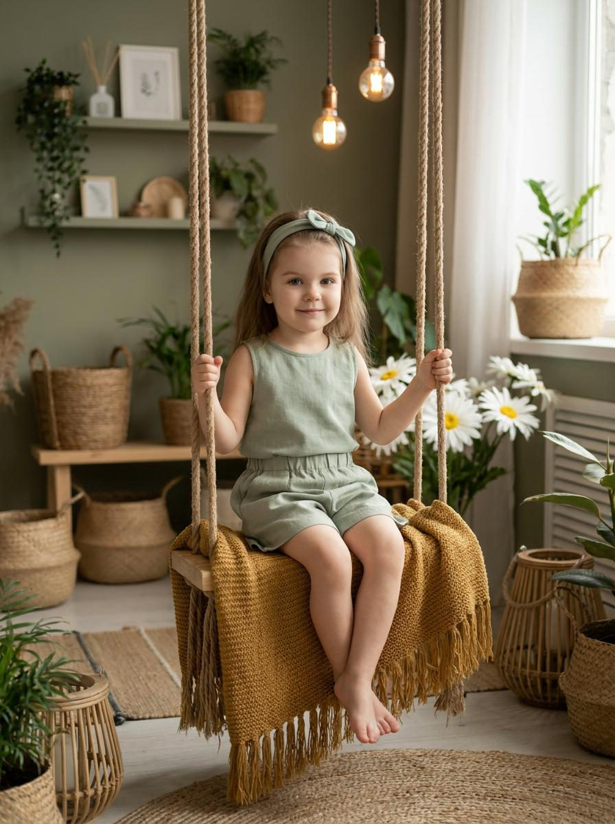 A girl on a wooden swing in a botanical-style interior, surrounded by plants and warm lighting.