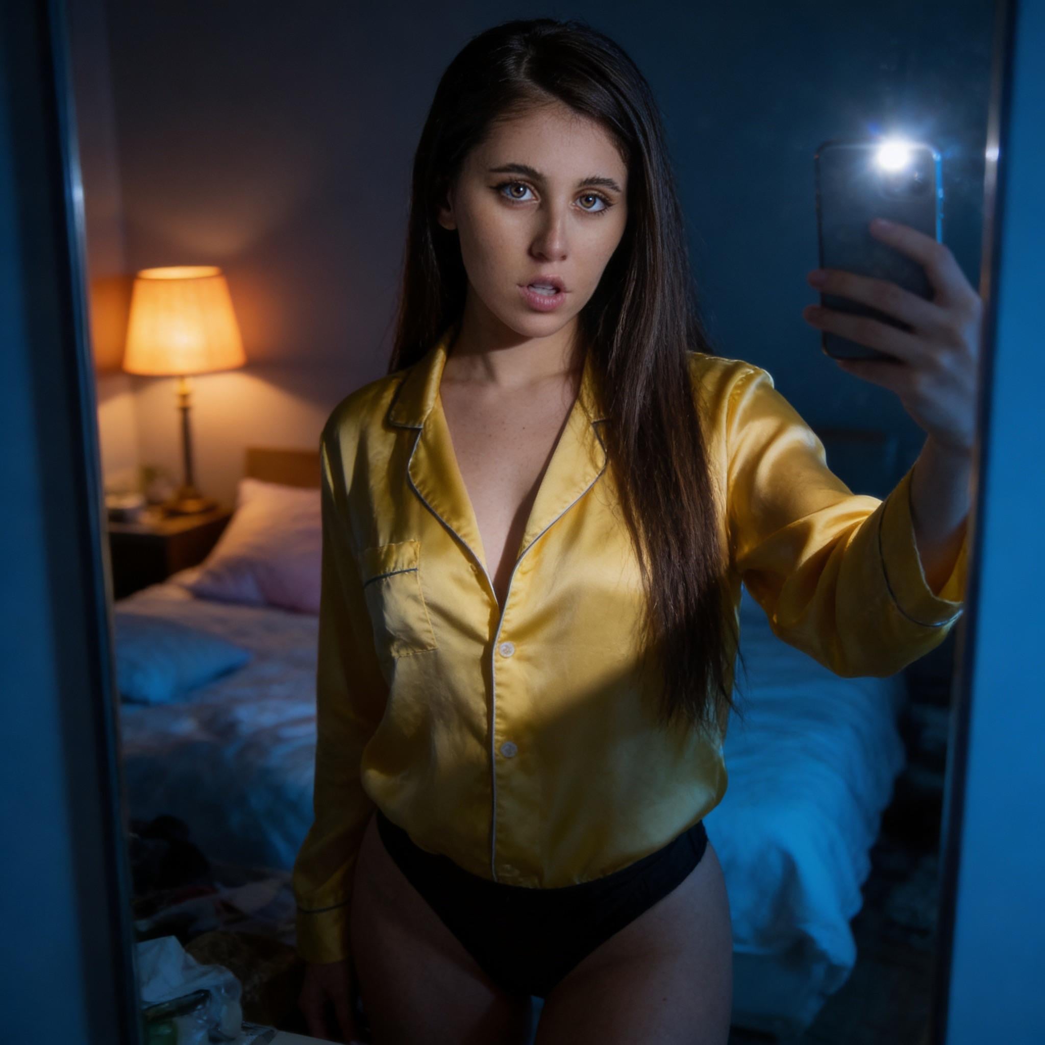 Bedroom Mirror Selfie Yellow Silk Pajamas