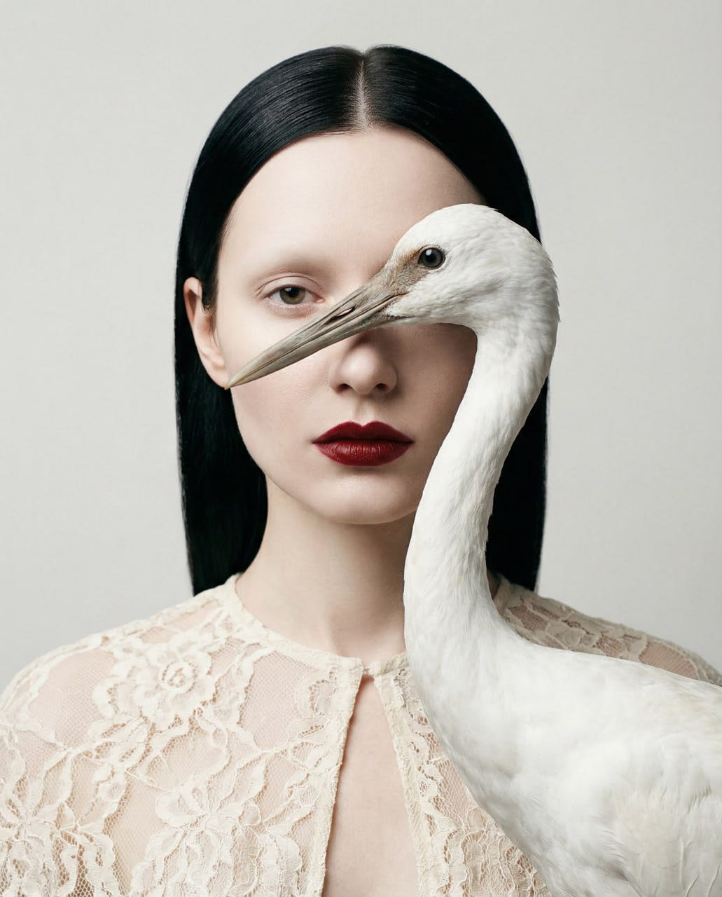 Realistic Porcelain Woman Crane Portrait