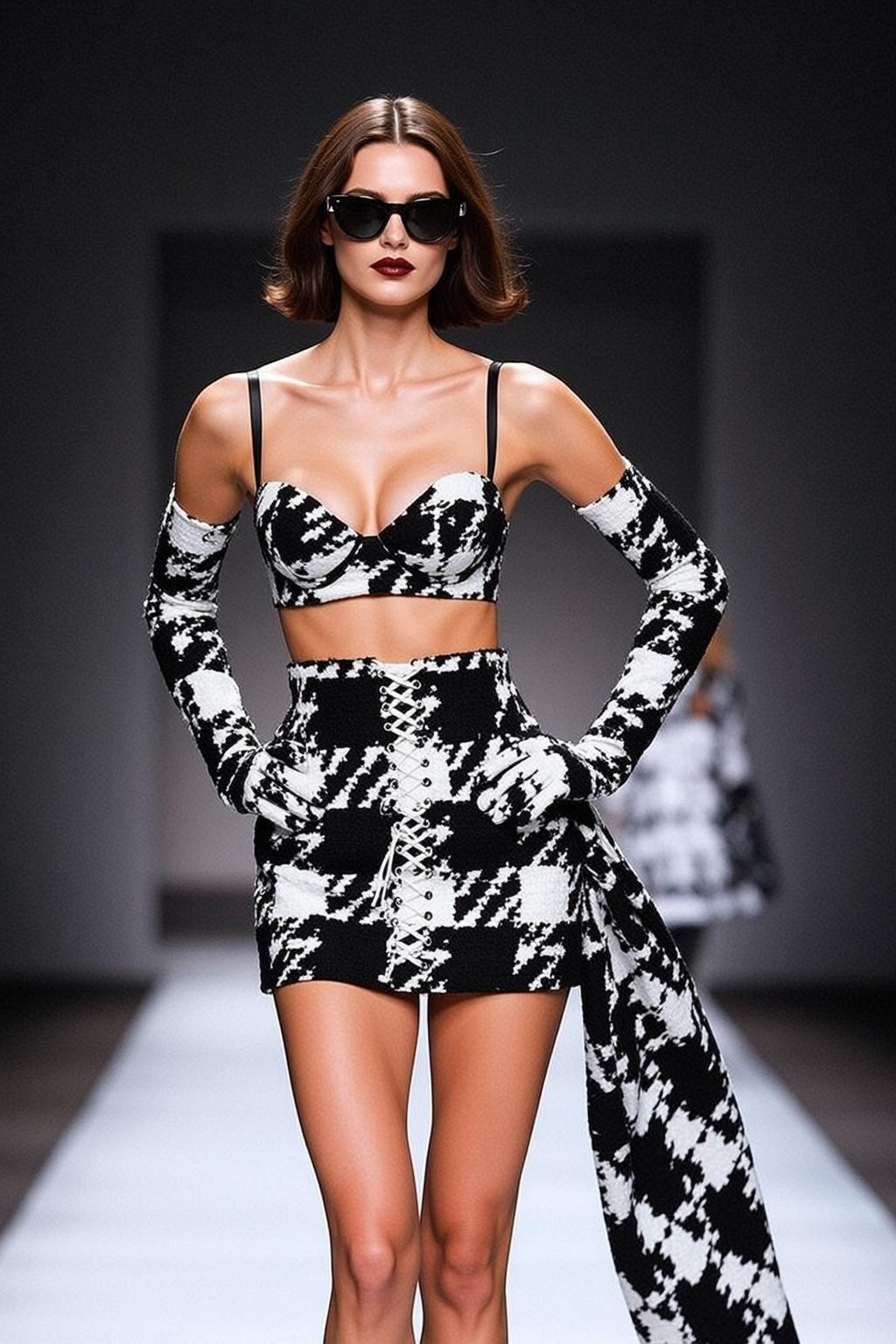 Houndstooth Bra Top Mini Skirt Opera Gloves Runway reference photo