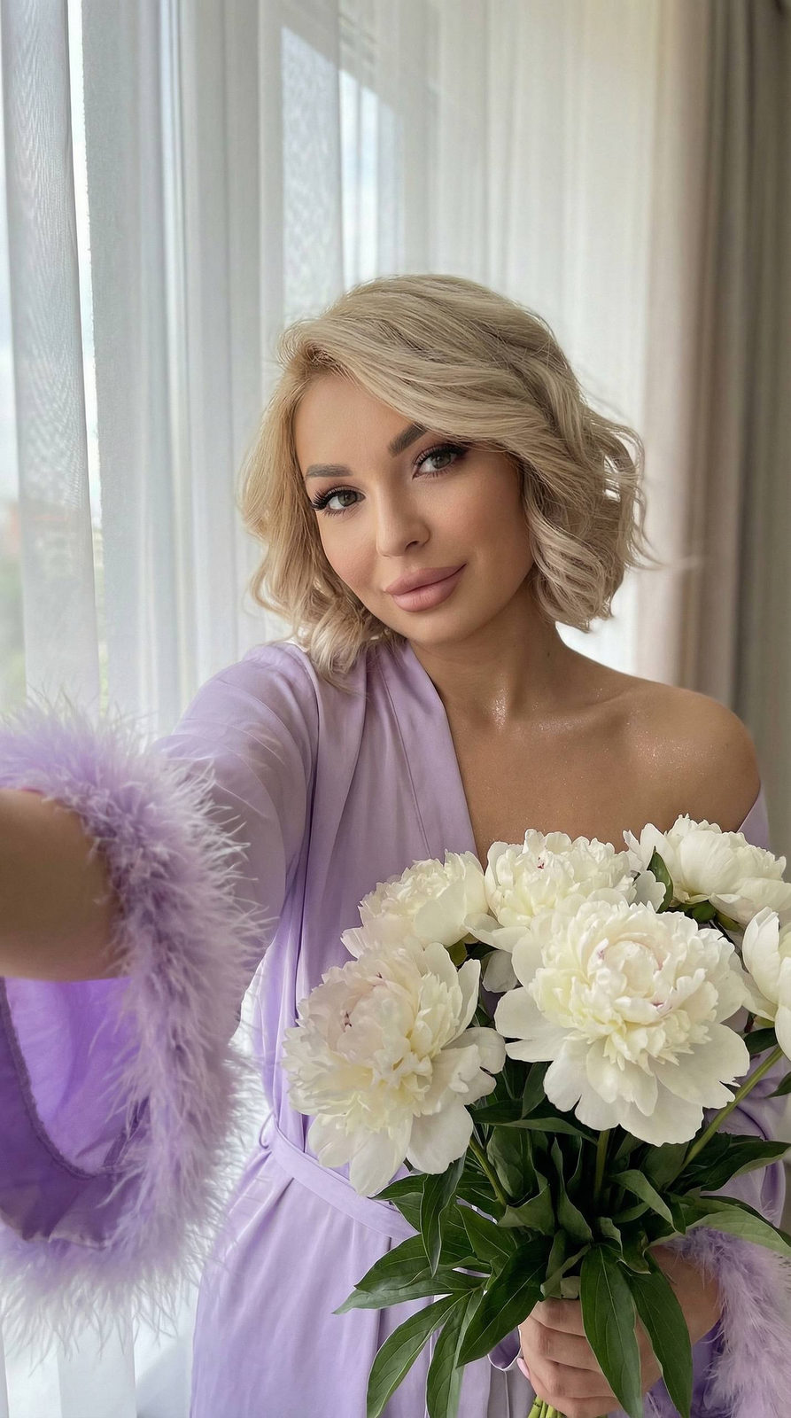 Girl Window Lavender Kimono Peonies