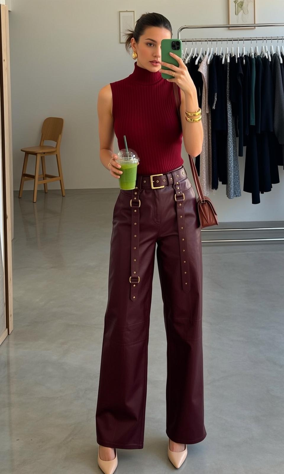 Burgundy Leather Pants Taking Selfie reference photo