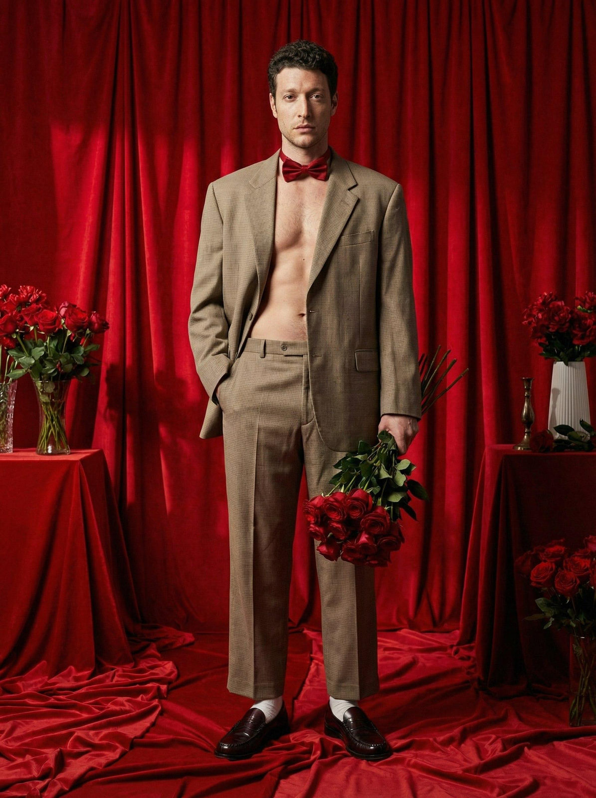 Realistic Studio Man Red Drapery Roses