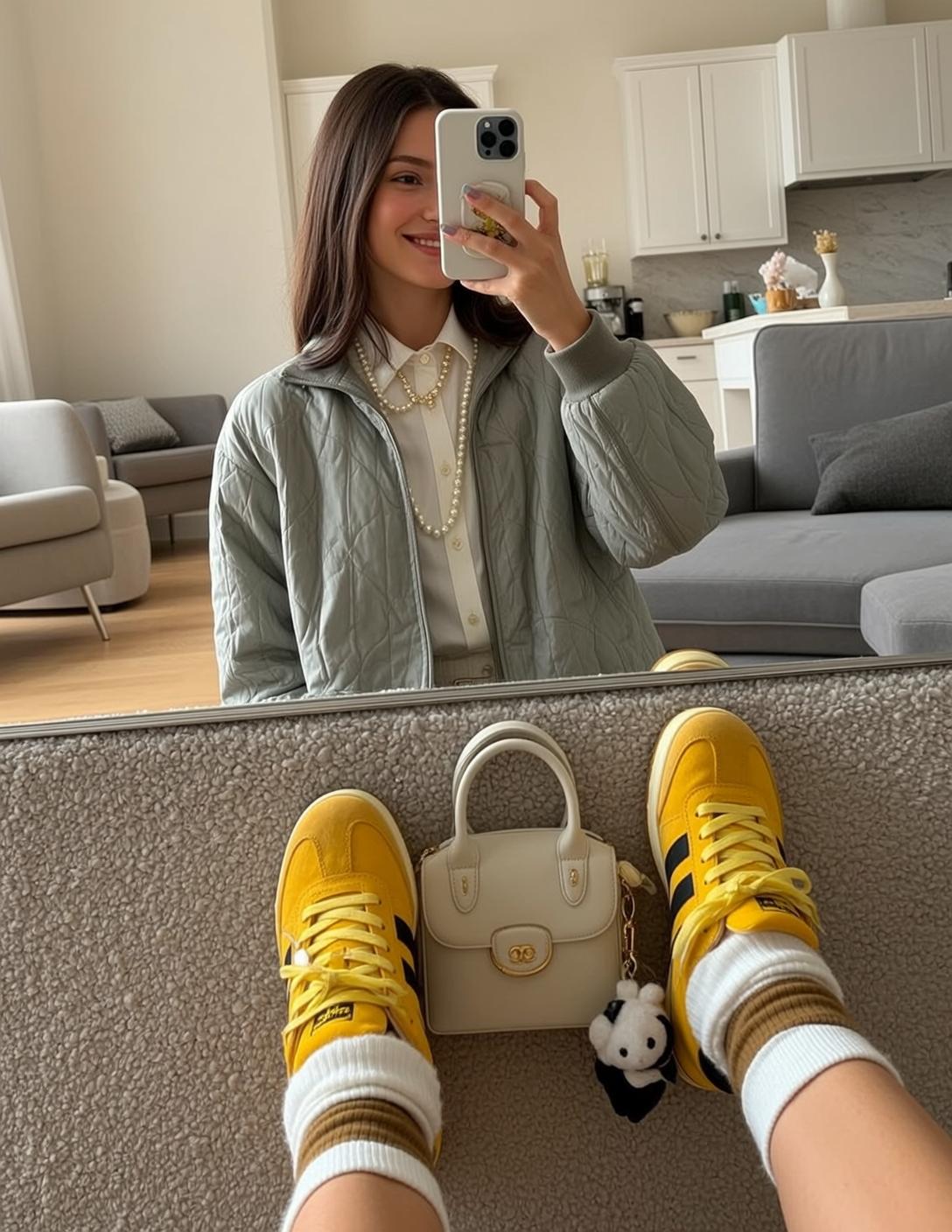 Quilted Jacket Living Room Selfie reference photo