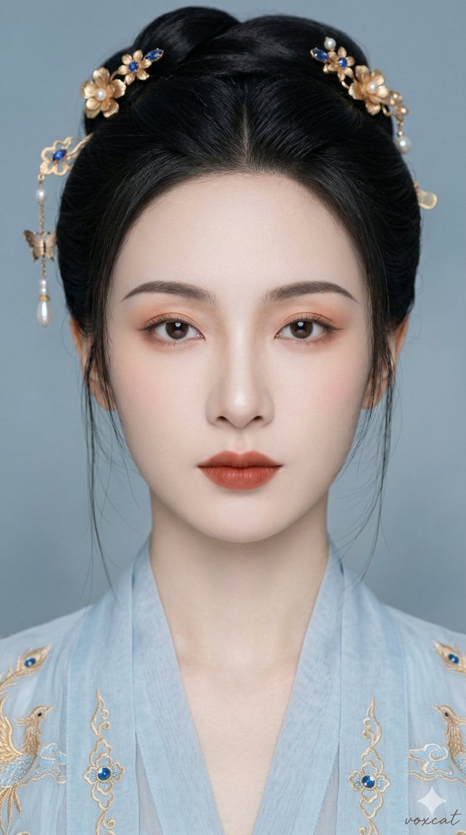 东方古风清雅女性正面肖像，超近景贴脸特写，人物正面面对镜头，头部端正，视线直视镜头，脸部几乎充满画面，构图集中，双...